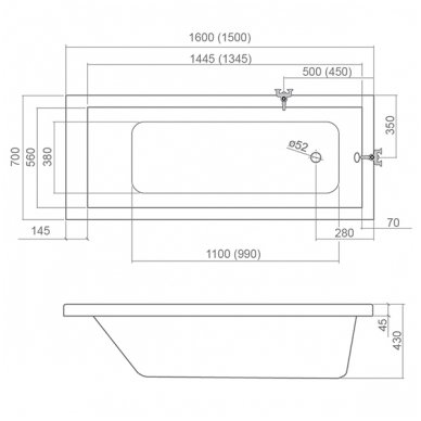 Roltechnik stačiakampė akrilinė vonia Kubic Neo 1600x700 mm 1